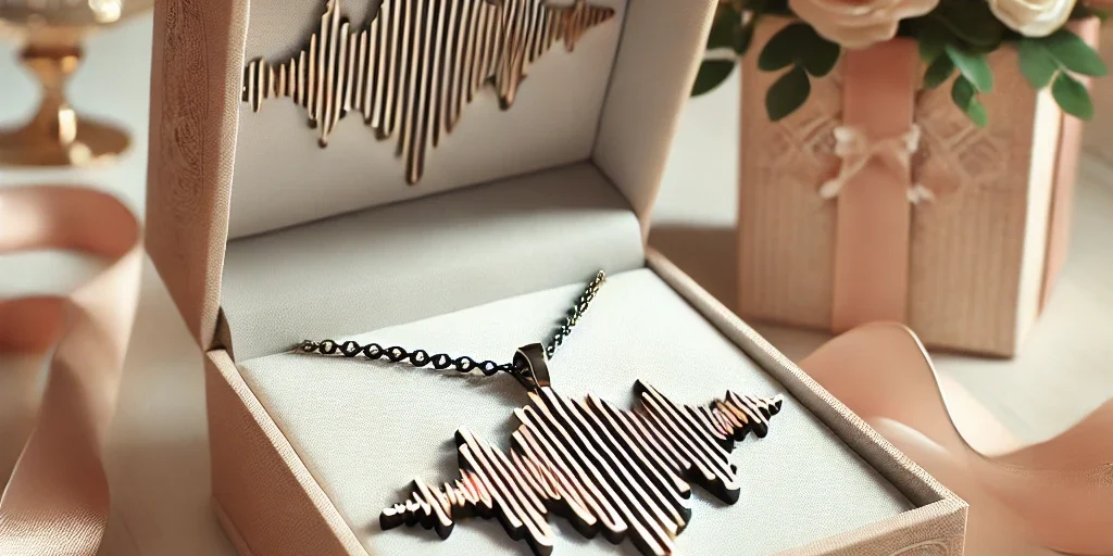 DALL·E 2024-06-27 18.15.34 - A realistic wedding gift featuring a modern, abstract sculpture with laser-cut sound waves, designed as a necklace with a chain. The necklace should b