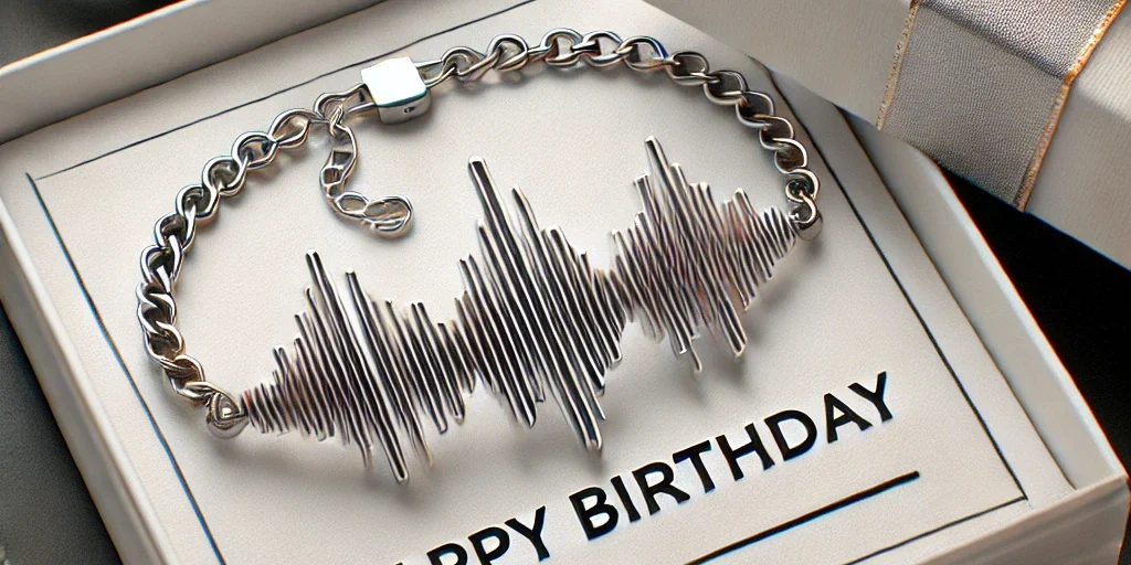 DALL·E 2024-06-27 21.45.35 - A birthday gift presentation featuring a bracelet with a 3D printed sound wave design. The sound waves are uniform and designed with thicker lines, at